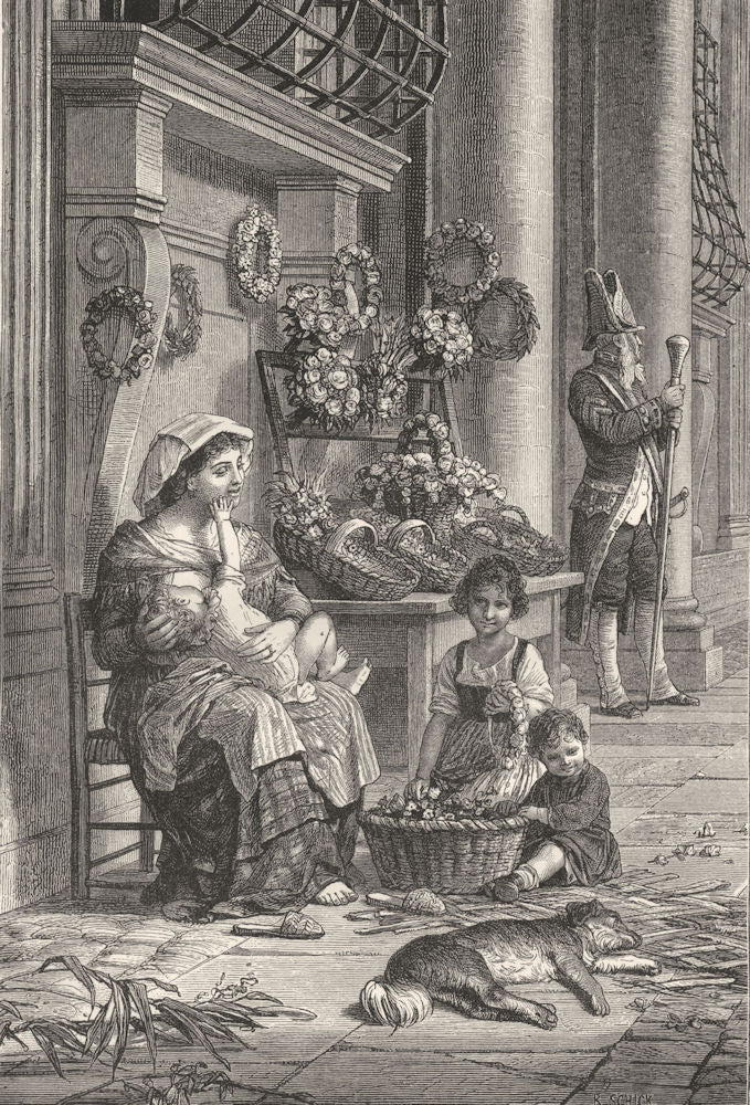 ROME. Roman Flower- seller 1877 old antique vintage print picture